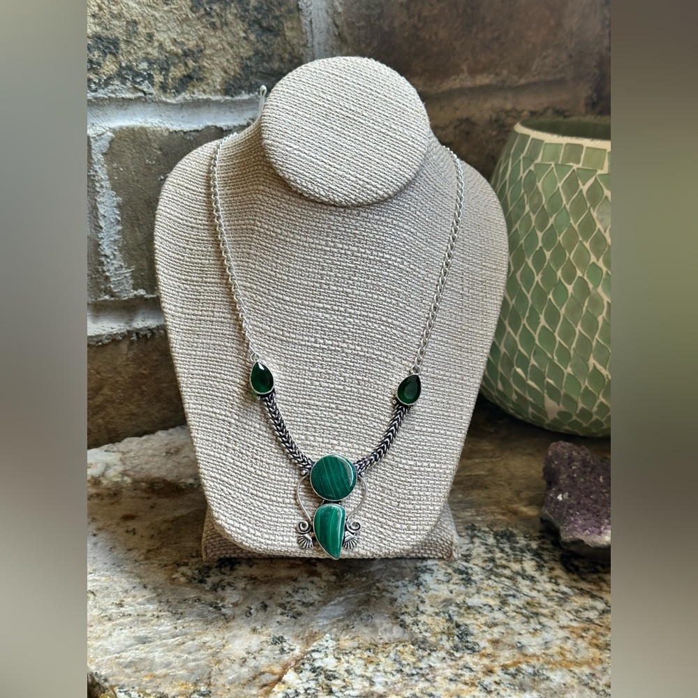 Silver Malachite Emerald Stone Necklace